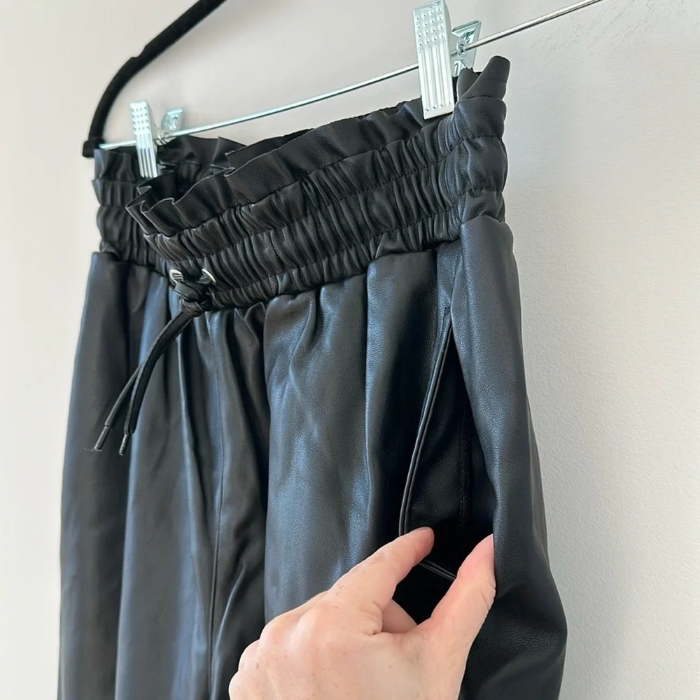 ASOS Faux Leather Pants Paperbag Waist Black Loose Fit Baggy Trousers 4 Small